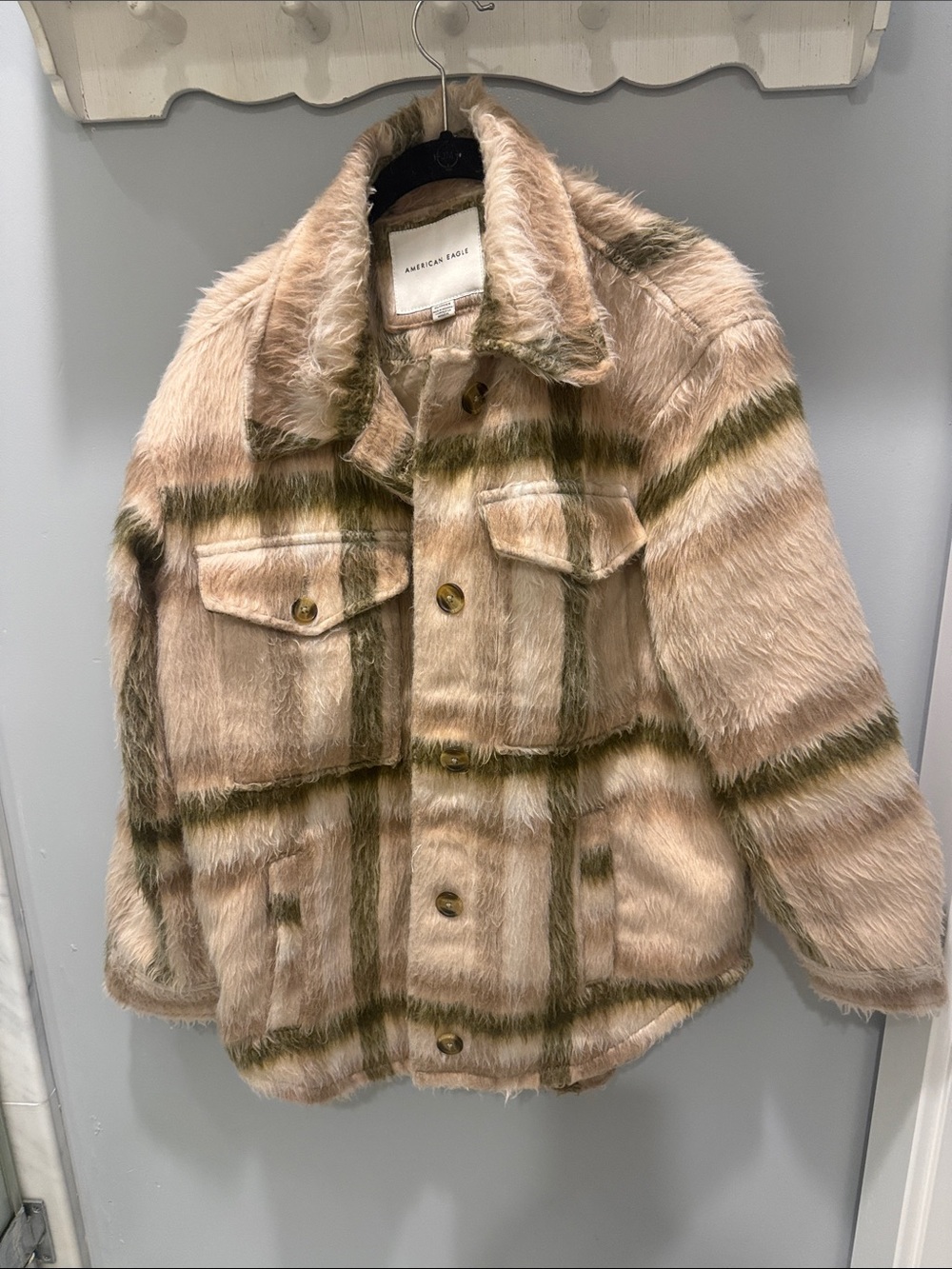 American Eagle Outfitters Beige Faux-Fur Plaid Pea Coat with Olive Stripes
